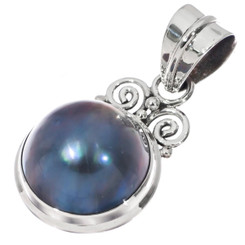 925 Silver Blue Mabe Ocean Cultured Pearl Sterling Pendant, 1 3/8"