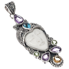 925 Silver Bali Mixed Gems Goddess Bone Sterling Pendant, 1 3/4"