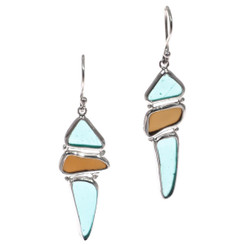 925 Silver Aqua Blue Brown Beach Glass Sterling Earrings, 1 1/2"