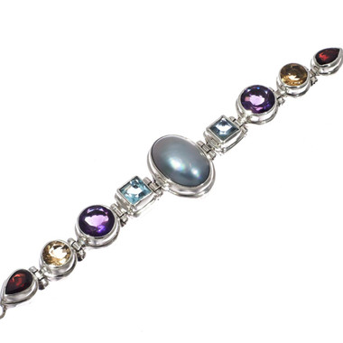 925 Silver Mabe Pearl Red Garnet Amethyst Blue Topaz Sterling Bracelet, 6.5-7"