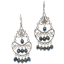925 Silver Playful Peacock Cultured Freshwater Pearls Chandelier Earrings, 2"