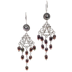 925 Silver Playful Peacock Freshwater Cultured Pearls Chandelier Earrings, 2"