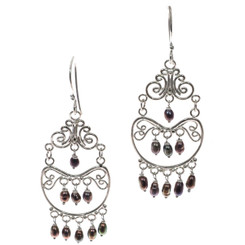 925 Silver Bronze Peacock Freshwater Cultured Pearls Chandelier Earrings, 2"