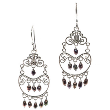 925 Silver Bronze Peacock Freshwater Cultured Pearls Chandelier Earrings, 2"