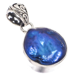 925 Silver Deep Blue Baroque Biwa Freshwater Coin Pearl Sterling Pendant, 1"