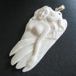 925 Silver Goddess Eagle Feather Cover Bison Bone Sterling Pendant, 3 1/4"