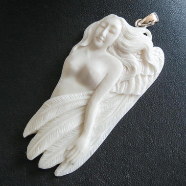 925 Silver Goddess Eagle Feather Cover Bison Bone Sterling Pendant, 3 1/4"
