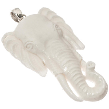 925 Silver Elephant Head Bison Bone Carving Sterling Pendant, 3"