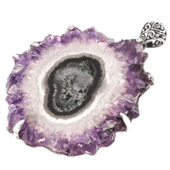 925 Silver Rare Big Amethyst Crystal Geode Slice Sterling Pendant, 3 1/8"