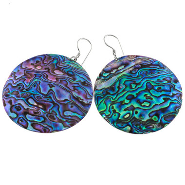 925 Silver Jeweler's Choice Aaa Round Paua Abalone Shell Sterling Earrings, 2"