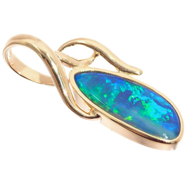 Gold Large Freeform Blue Green Fiery Natural Australian Opal 14K Gold Pendant, 7/8"