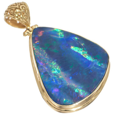 925 Silver Huge Blue Green Australian Opal Vermeil Gold Plated Pendant, 1 7/8"