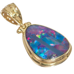 Huge Blue Red Crystal Flash Australian Opal Vermeil Gold On 925 Pendant, 1 1/8"