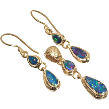 Vermeil Gold 925 Silver Australian Opal Matched Pendant Earring Set, 1 3/8"
