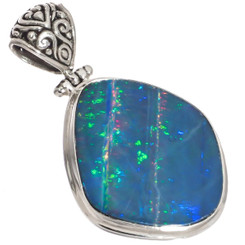 925 Silver Big Sparkling Blue Australian Opal Pendant, 1 5/8"