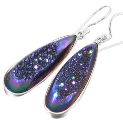 Teardrop Peacock Purple Green Titanium Druzy 925 Silver Earrings, 1 1/4"