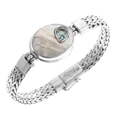 925 Silver Heavy Mother Of Pearl Shell Blue Topaz Sterling Bracelet, 8"