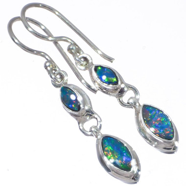 925 Silver Double Natural Australian Opal Sterling Dangle Drop Earrings, 7/8"
