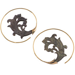 Exquisite Flower black Mother of Pearl Shell Hand Carving Hoop Earrings, 2 1/4"