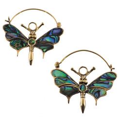 Exquisite Butterfly Paua Abalone Shell Gold-tone Brass Earrings, 1 3/4"