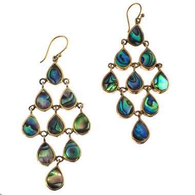 Exquisite Double Sided Paua Abalone Shell Brass Chandelier Earrings, 2 1/2"