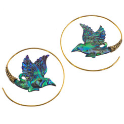 Paua Abalone Shell Hummingbird Hand Carving Brass Metal Hoop Earrings,2"