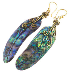 Exquisite Paua Abalone Shell Feather Hand Carving Brass Filigree Earrings 2 3/4"
