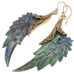 Exquisite Paua Abalone Shell Leaf Hand Carving Brass Filigree Earrings, 2 1/4"