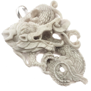 925 Silver 3D Hand Carving Chinese Dragon Deer Antler Sterling Pendant, 2 1/2"
