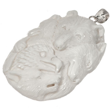 925 Silver Totem Carved Bull Wolf Eagle Bear Bison Bone Pendant, 2 3/8"