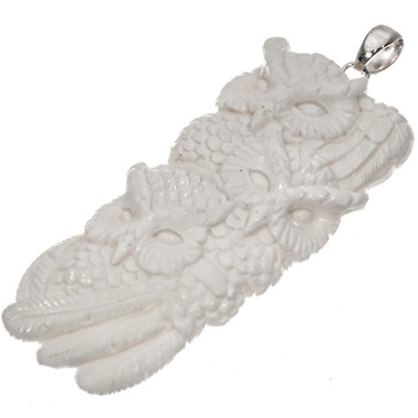 925 Silver Hand Carving Owl Trio Bison Bone Handmade Sterling Pendant, 3"