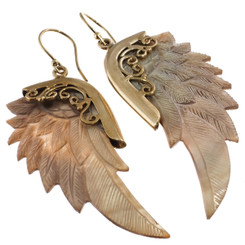 Exquisite Angel Wing Oyster Mother Of Pearl Shell Hand Carving Earrings, 2"