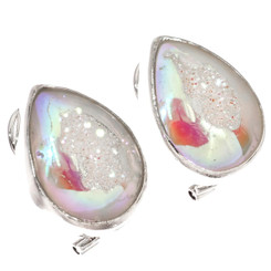 925 Silver White SiOpal Titanium Druzy Pear Sterling Omega Stud Earrings, 3/4"