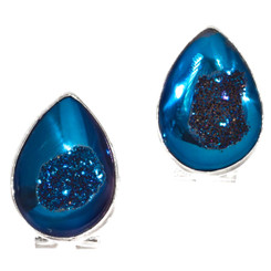 925 Silver Sparkling Blue Titanium Druzy Pear Sterling Omega Stud Earrings, 3/4"
