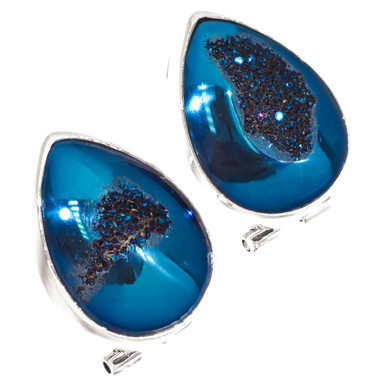 925 Silver Sparkling Blue Titanium Druzy Pear Sterling Omega Stud Earrings, 3/4"