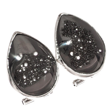 925 Silver Gunmetal Gray Titanium Druzy Pear Sterling Omega Stud Earrings, 3/4"