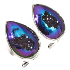 925 Silver Peacock Purple Titanium Druzy Pear Sterling Omega Stud Earrings, 3/4"