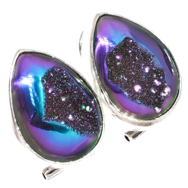 925 Silver Peacock Purple Titanium Druzy Pear Sterling Omega Stud Earrings, 3/4"
