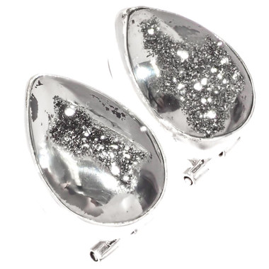925 Silver Sparkling Gray Titanium Druzy Pear Sterling Omega Stud Earrings, 3/4"