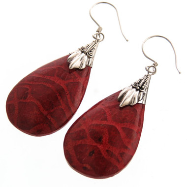925 Silver Teardrop Red Coral Sterling Drop Earrings, 1 1/4"