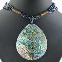 New Zealand Paua Abalone Shell Peacock Glass Beads Blue Green Necklace, 3 1/8"
