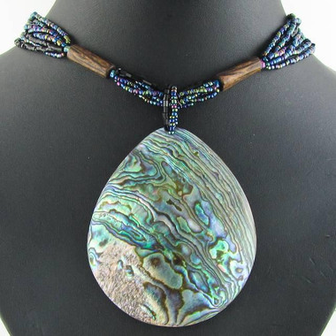 New Zealand Paua Abalone Shell Peacock Glass Beads Blue Green Necklace, 3 1/8"