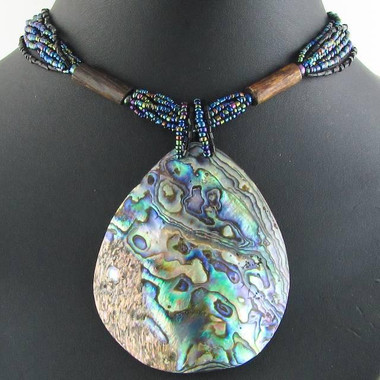 New Zealand Paua Abalone Shell Peacock Glass Beads Blue Green Necklace, 3 1/8"