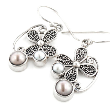 925 Sterling Silver Daisy Flower Design Freshwater Cultured Pearl Earrings, 1"