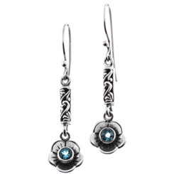 925 Silver Adorable Handcrafted Flower Blue Topaz Sterling Drop Earrings, 1 1/8"