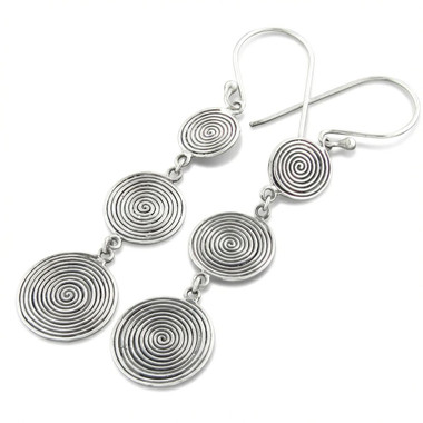 925 Silver Bali Art Spiral Discs Hand Crafted Sterling Drop Earrings, 1 5/8"