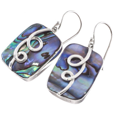 925 Silver Swirl Decorated Paua Abalone Shell Sterling Earrings, 1"