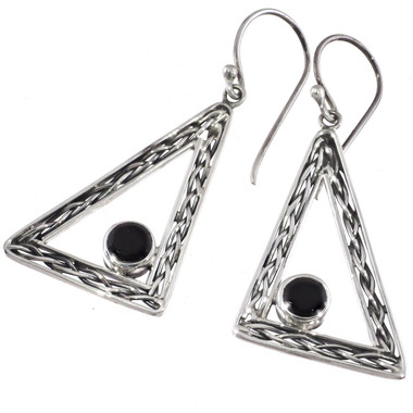 925 Silver Triangle Hoop Black Onyx Filigree Braid Sterling Earrings, 1 9/16"