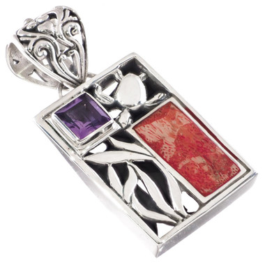 Heavy 925 Silver Ocean Theme Turtle Red Coral Amethyst Sterling Pendant, 1 5/8"