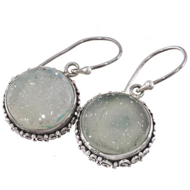 925 Silver Sparkling Round Blue Agate Druzy Drusy Sterling Earrings, 11/16"